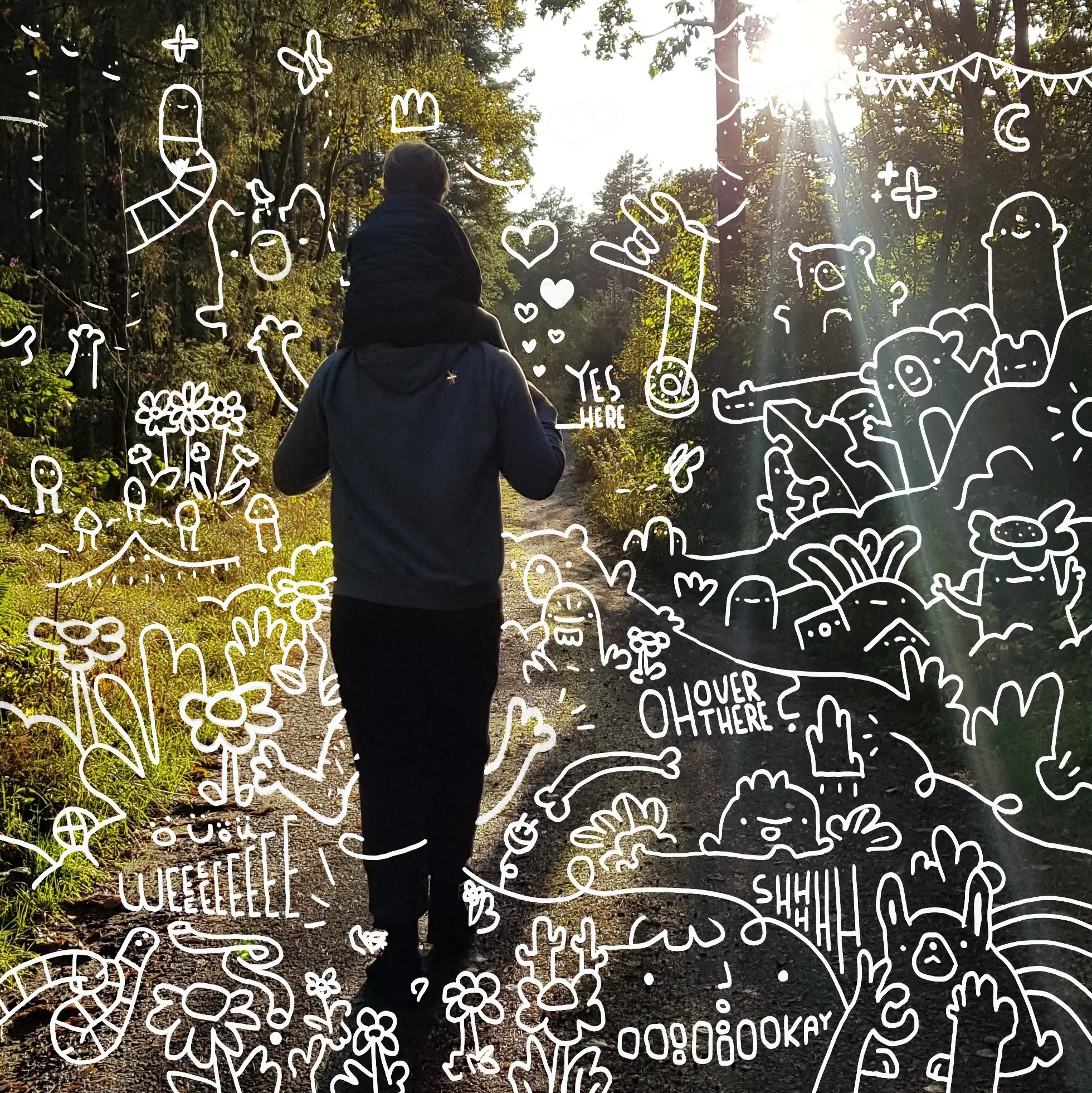 A photo of my son and me on a hiking adventure in a forest, I've drawn a bunch doodles around us.