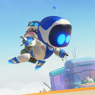 Astro Bot the small robot gliding in the air with a dog attached to their back, futuristic buildings can be seen in the background