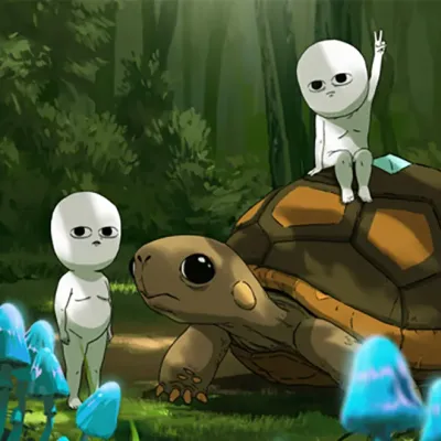 Two tiny people and a turtle in the middle of the woods, blue glowy mushrooms on the grassy forest floor