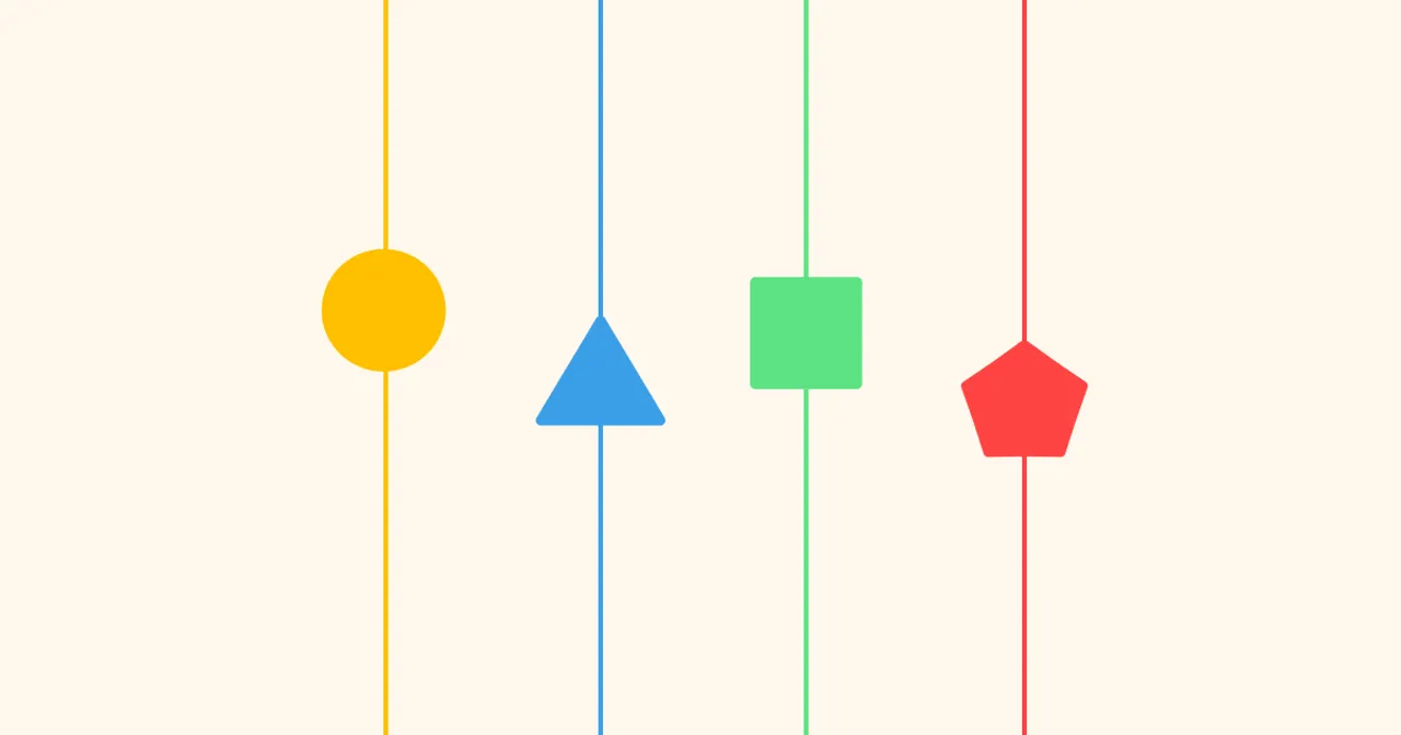 A circle, triangle, square, and pentagon on colored lines on a beige background.