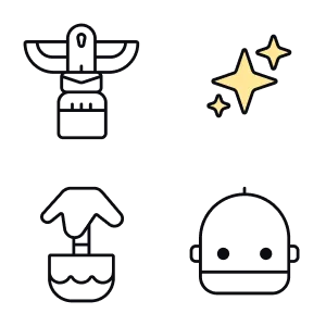 Four vector icons, from top left to bottom right: totem pole, three stars, potted plant, robot head