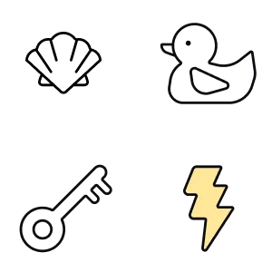 Four vector icons, from top left to bottom right: scallop shell, rubber duck, key, lightning bolt