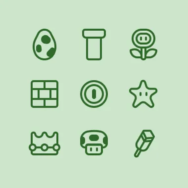 Nine vector icons, from top left to bottom right: an egg, a pipe, a fire flower, a brick wall, a coin, a star, a crown, a mushroom, a feather