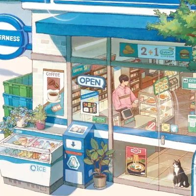 A convenience store, a black and white cat, a store manager with a pink shirt, lots of aisles